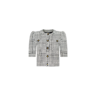 The Allegra Cropped Tweed Jacket is a black and white plaid short-sleeve cardigan featuring a round neckline, gold buttons down the front, and puffed shoulders, displayed on a plain white background.
