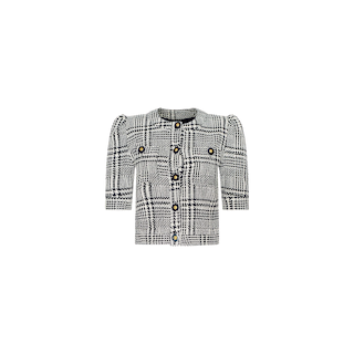 The Allegra Cropped Tweed Jacket is a black-and-white plaid, short-sleeve cardigan styled as a petite cropped jacket, featuring gold buttons down the front, puffed shoulders, and a round neckline, displayed on a plain white background.