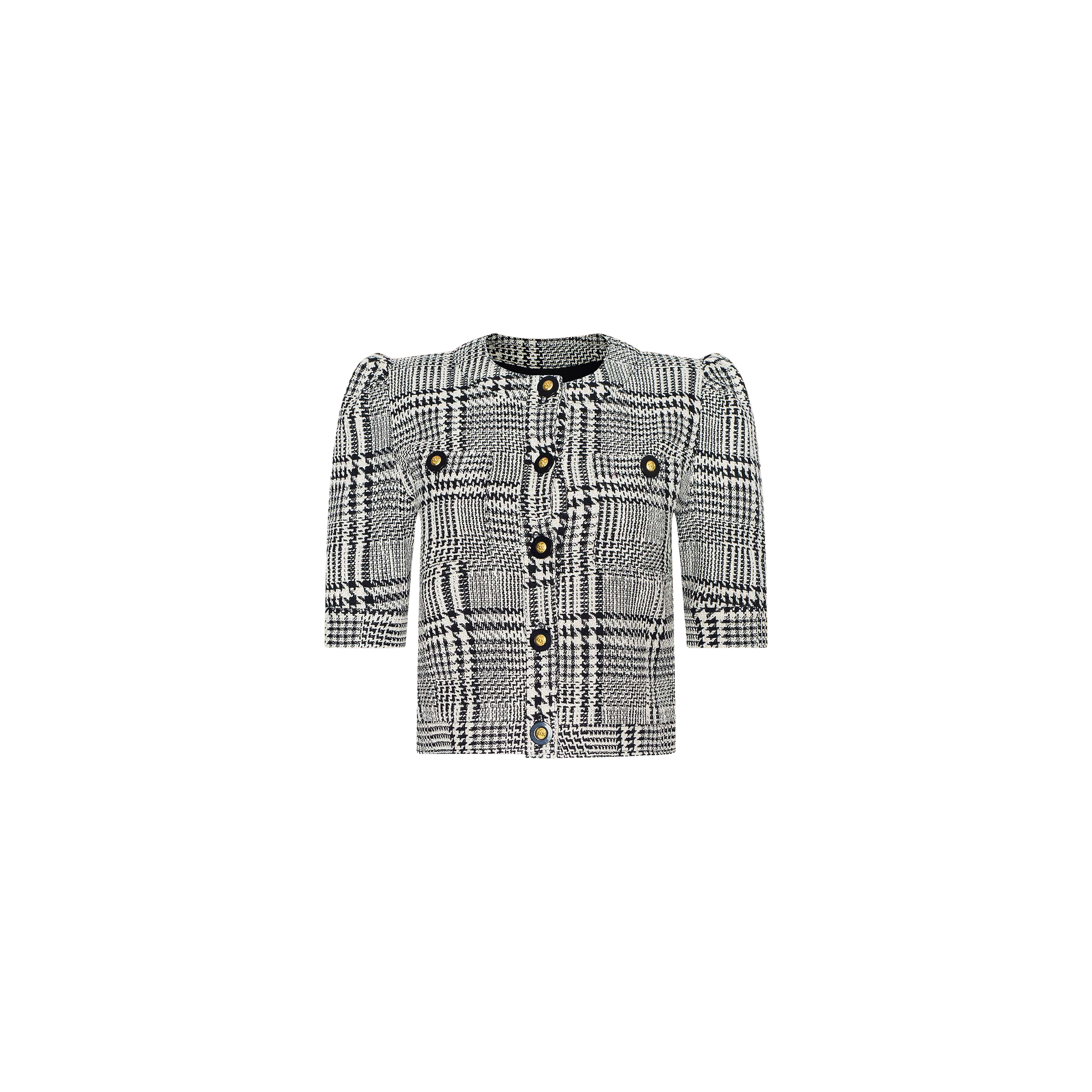 The Allegra Cropped Tweed Jacket is a black and white plaid short-sleeve cardigan featuring a round neckline, gold buttons down the front, and puffed shoulders, displayed on a plain white background.