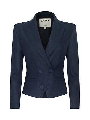 Navy blue blazer with 'L'agence' label on a white background