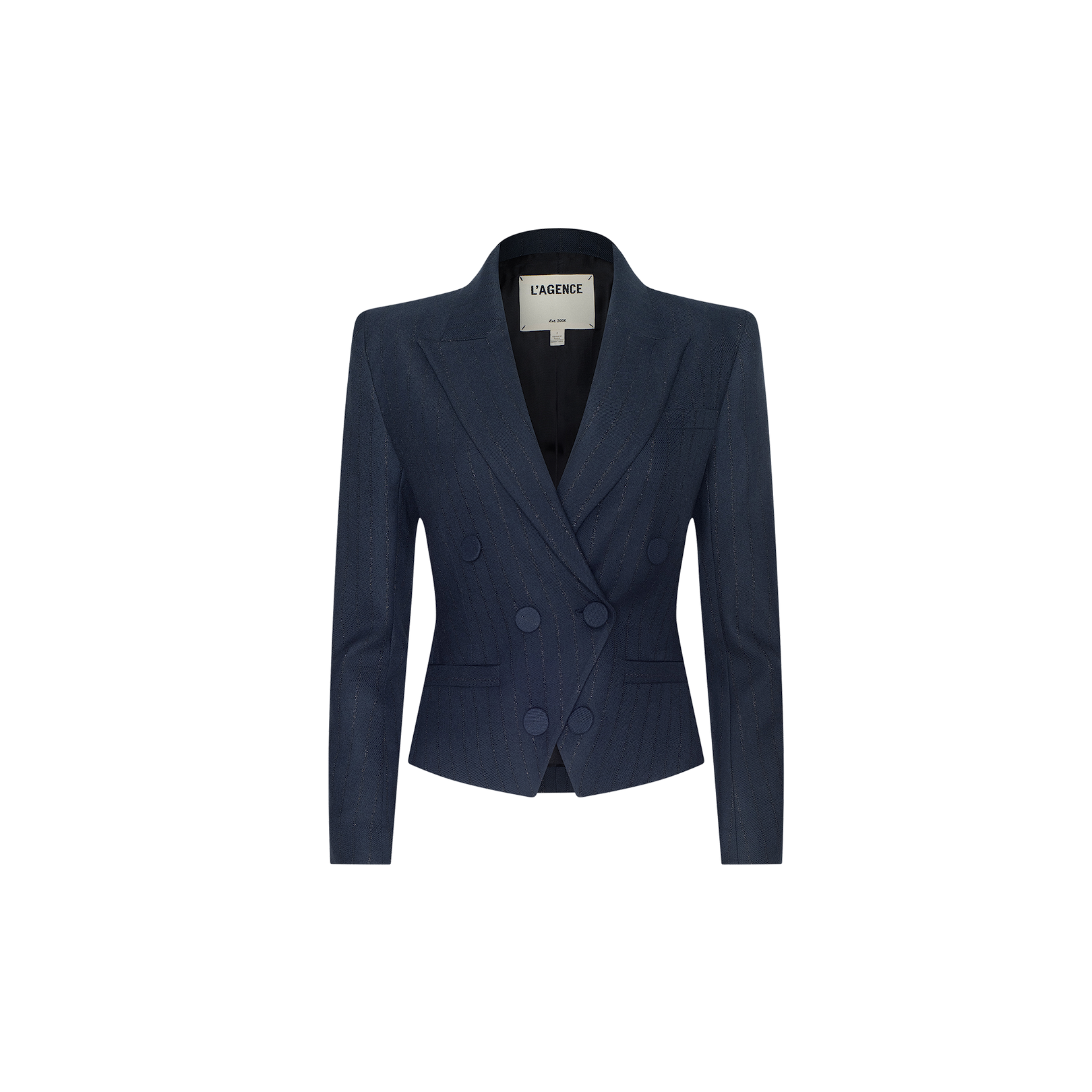 The Risa Double-Breasted Blazer is a navy blue women’s suit jacket with a tailored fit, featuring notched lapels and two rows of matching buttons. Styled with a pinstripe design, it includes an interior LAGENCE label. The image background is plain white.