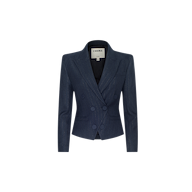 The Risa Double-Breasted Blazer is a navy blue women’s suit jacket with a tailored fit, featuring notched lapels and two rows of matching buttons. Styled with a pinstripe design, it includes an interior LAGENCE label. The image background is plain white.