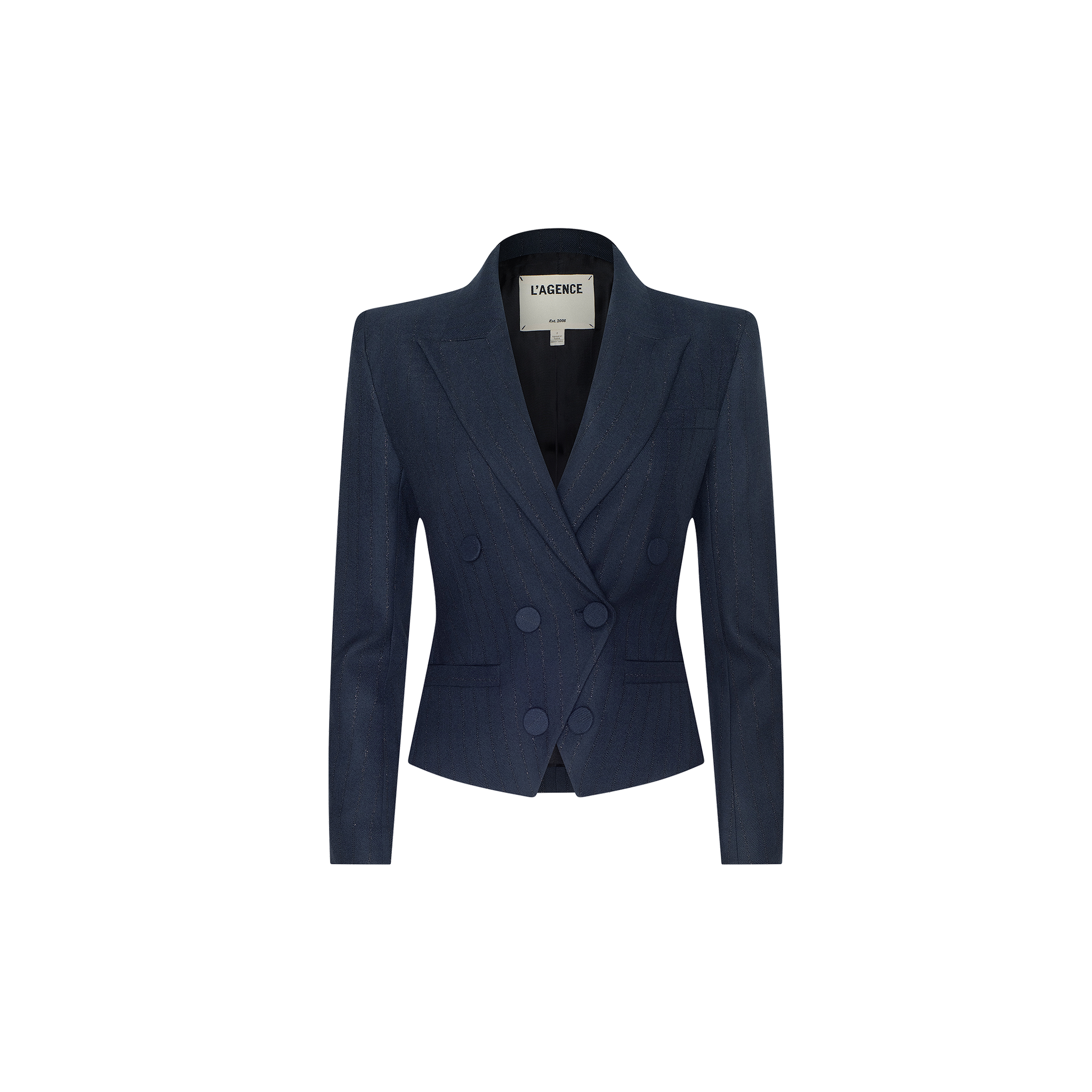 The Risa Double-Breasted Blazer is a navy blue women’s suit jacket with a tailored fit, featuring notched lapels and two rows of matching buttons. Styled with a pinstripe design, it includes an interior LAGENCE label. The image background is plain white.