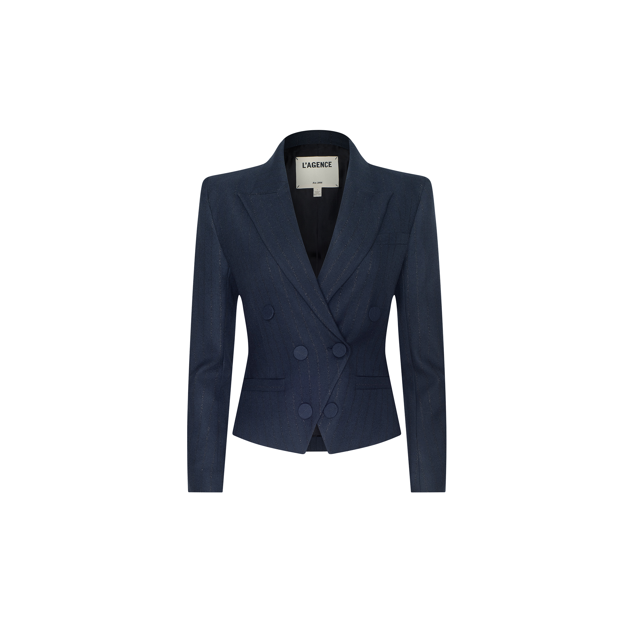 The Risa Double-Breasted Blazer is a navy blue women’s suit jacket with a tailored fit, featuring notched lapels and two rows of matching buttons. Styled with a pinstripe design, it includes an interior LAGENCE label. The image background is plain white.