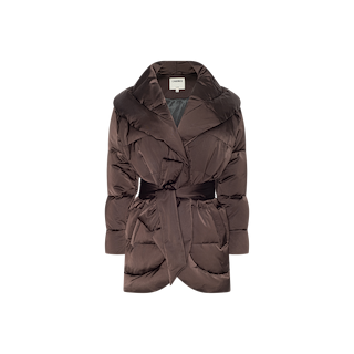The Glacier Shawl Puffer Jacket is a brown, belted puffer jacket with a wide collar and long sleeves, displayed on a plain white background. This water-repellent style features an interior label that reads CANARI.