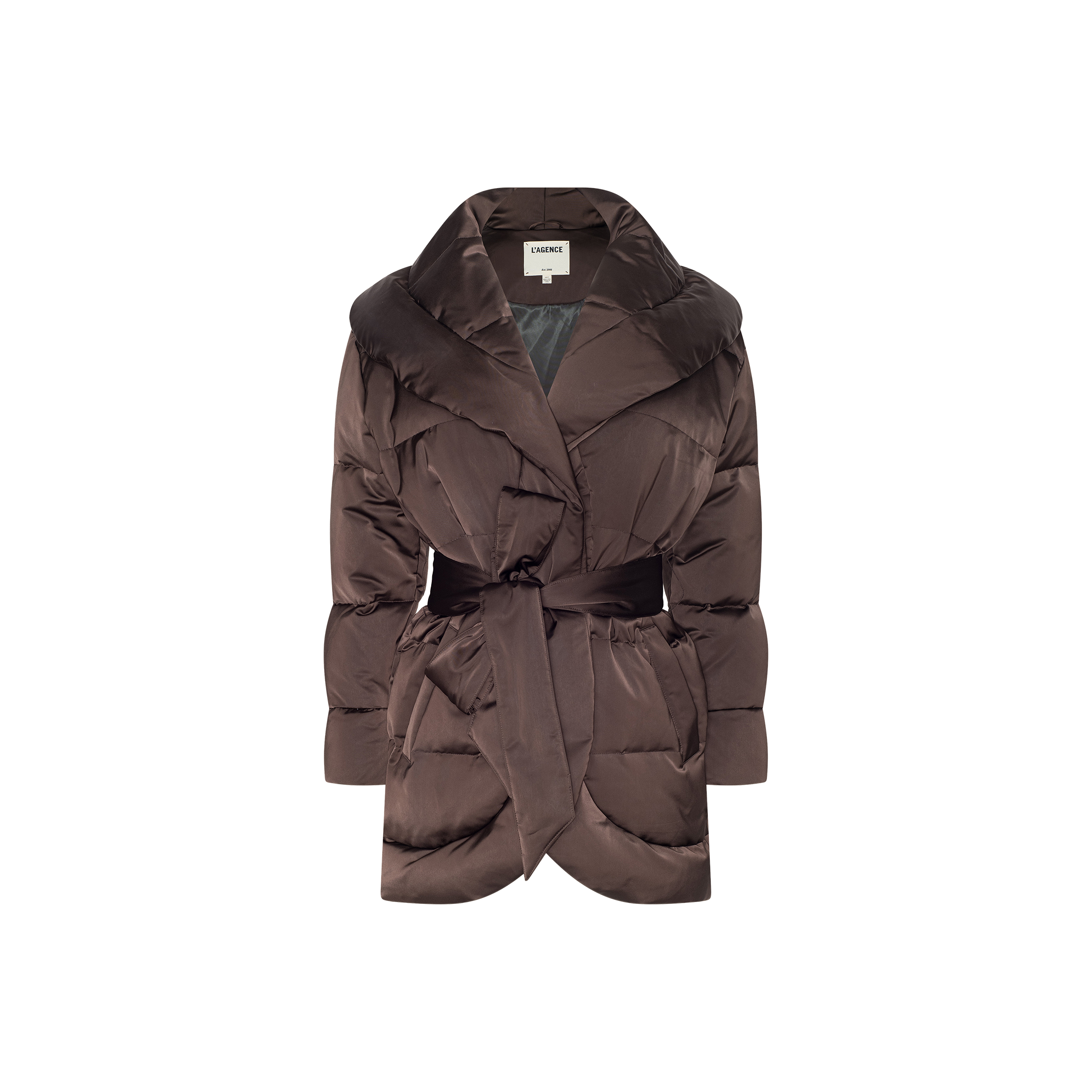 The Glacier Shawl Puffer Jacket, featuring a dark brown quilted design, wide collar, long sleeves, and a matching fabric belt tied at the waist, is displayed on a plain white background.