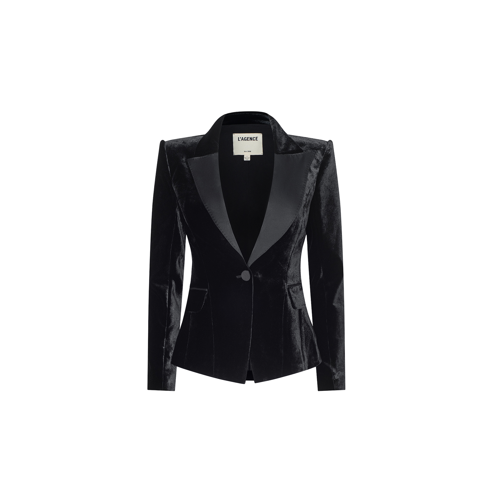 The Philippa Velvet Blazer, crafted in black velvet with satin lapels, features a single front button closure and slightly padded shoulders, and is displayed on a plain white background.