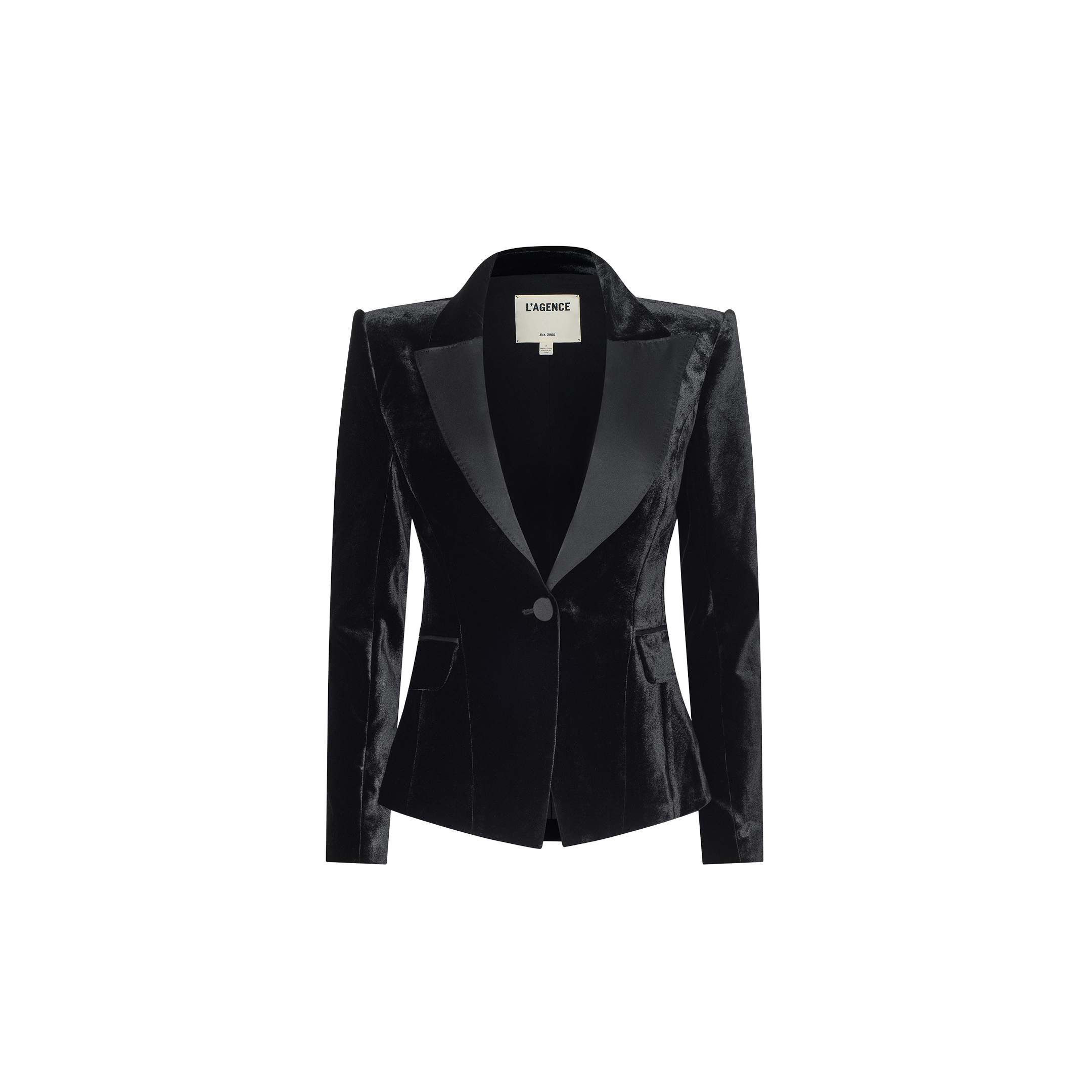 The Philippa Velvet Blazer, crafted in black velvet with satin lapels, features a single front button closure and slightly padded shoulders, and is displayed on a plain white background.