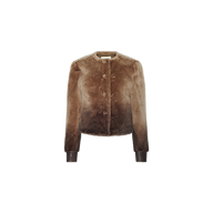 Voltaire Shearling Jacket in brown, featuring a cropped fit, an ombré effect fading from a light tan collarless neckline to a dark brown waist, and leather cuffs.