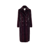 The Icelyn Faux Fur Coat features a long, dark burgundy chevron-patterned design with wide lapels, double-breasted buttons, and front pockets—an elegant statement of Fall 2026 Fashion. Displayed against a plain white background.