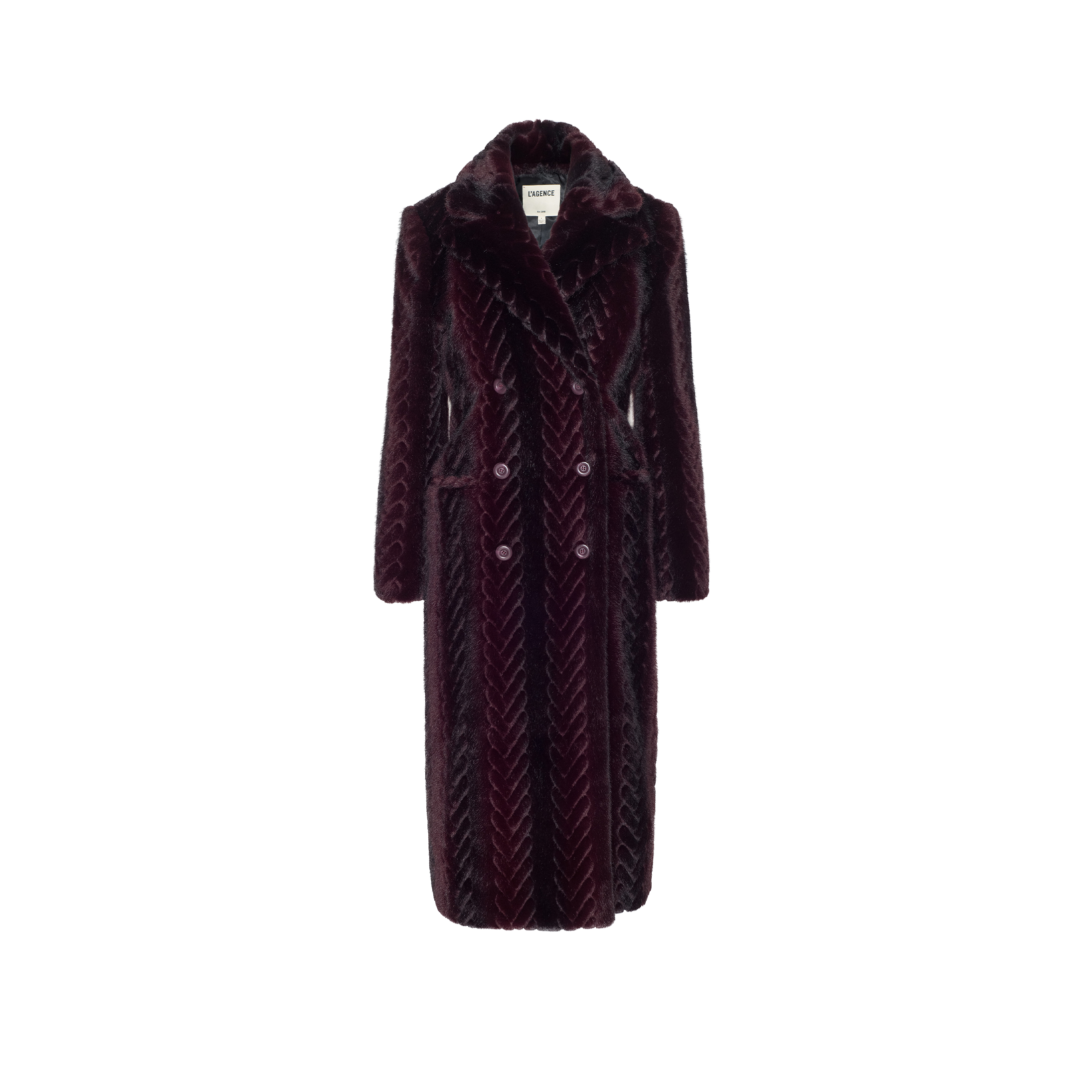 The Icelyn Faux Fur Coat features a long, dark burgundy chevron-patterned design with wide lapels, double-breasted buttons, and front pockets—an elegant statement of Fall 2026 Fashion. Displayed against a plain white background.
