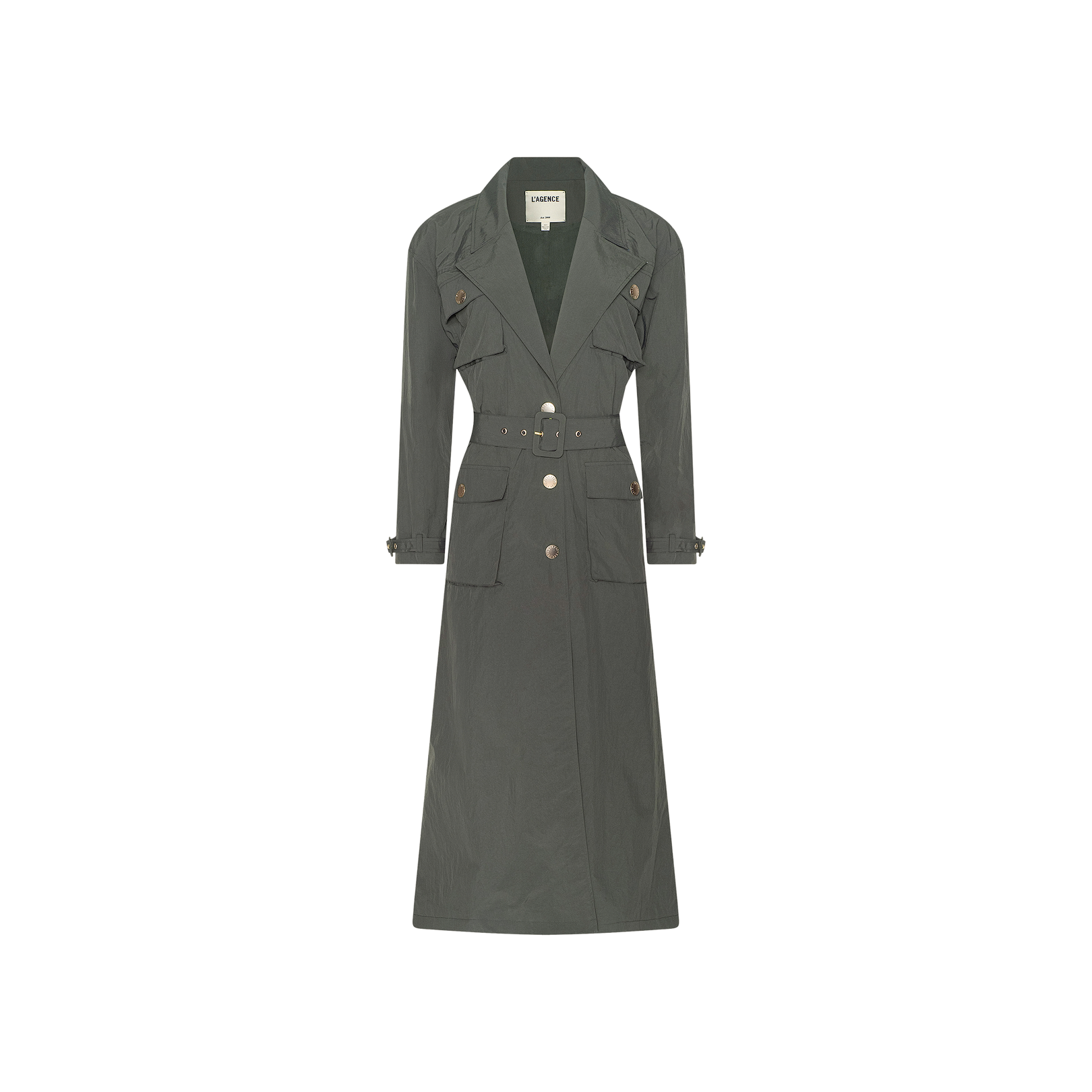 The Axel Windbreaker Trench is a long, dark green utility jacket featuring a belted waist, wide lapels, button closure, flap pockets, and button details on the cuffs, shown against a plain white background.