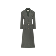 The Axel Windbreaker Trench is a long, dark green utility jacket featuring a belted waist, wide lapels, button closure, flap pockets, and button details on the cuffs, shown against a plain white background.