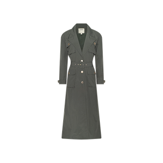 The Axel Windbreaker Trench is a long, dark green utility jacket featuring a belted waist, wide lapels, button closure, flap pockets, and button details on the cuffs, shown against a plain white background.