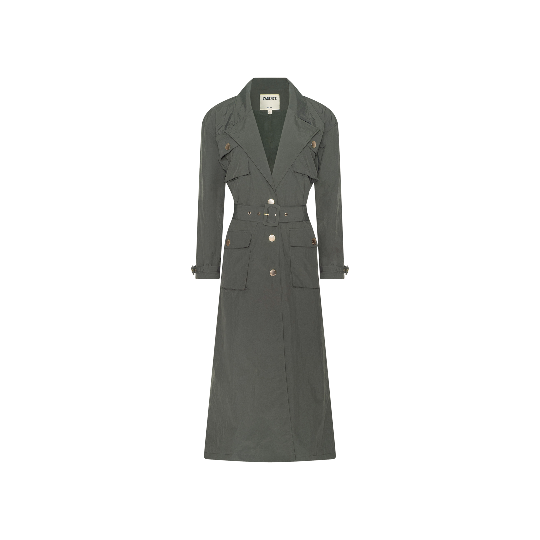 The Axel Windbreaker Trench is a long, dark green utility jacket featuring a belted waist, wide lapels, button closure, flap pockets, and button details on the cuffs, shown against a plain white background.