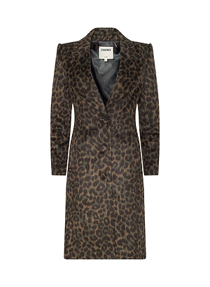 The Laney Coat is a long, tailored coat with a leopard print, inspired by NY Fashion Week Fall 2026. It features a notched lapel collar, black buttons, two front pockets, and a sleek black fabric lining.