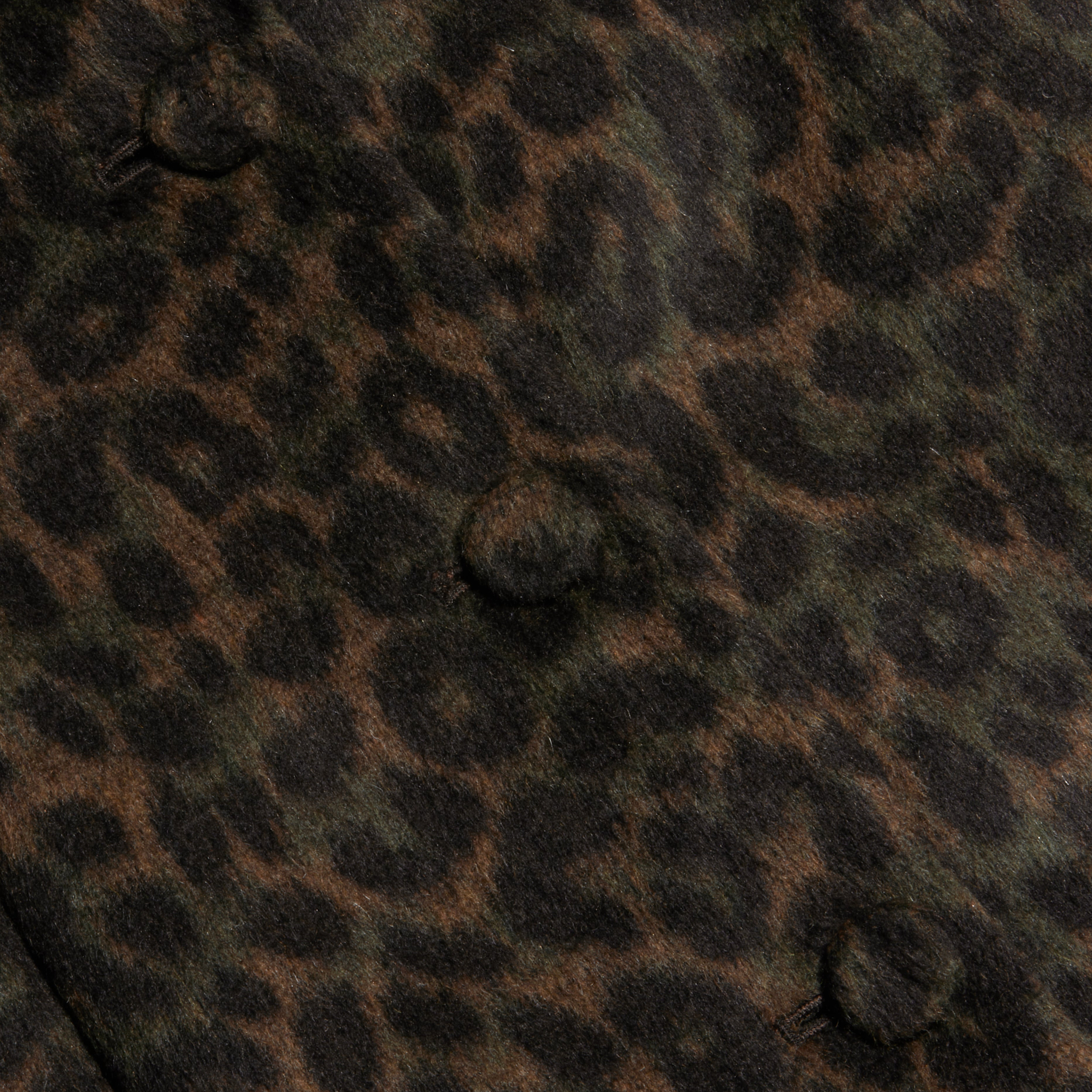 Close-up of the Laney Coat’s brown and black leopard print fabric, featuring three fabric-covered buttons. The pattern showcases dark rosette spots on a muted brown background—perfect for making a statement.