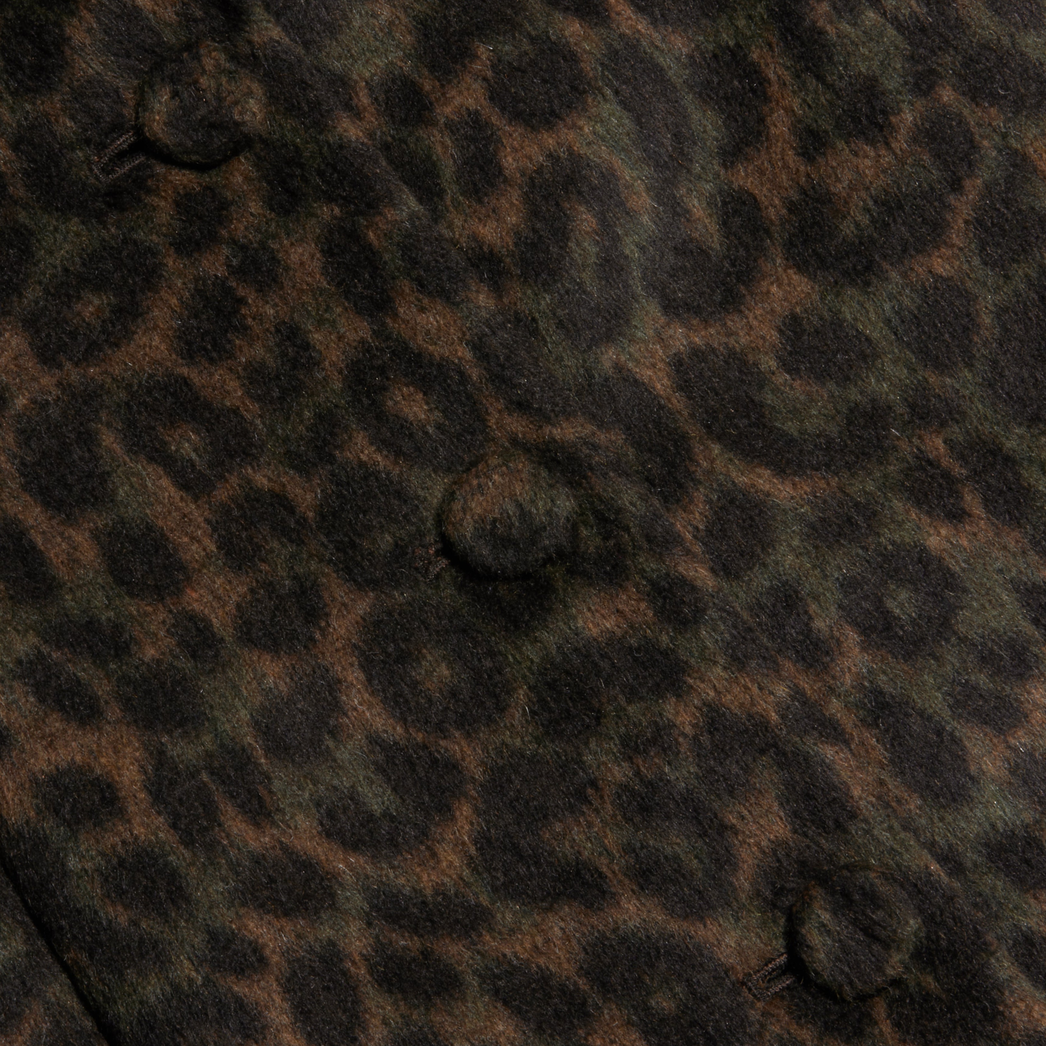 Close-up of the Laney Coat’s brown and black leopard print fabric, featuring three fabric-covered buttons. The pattern showcases dark rosette spots on a muted brown background—perfect for making a statement.