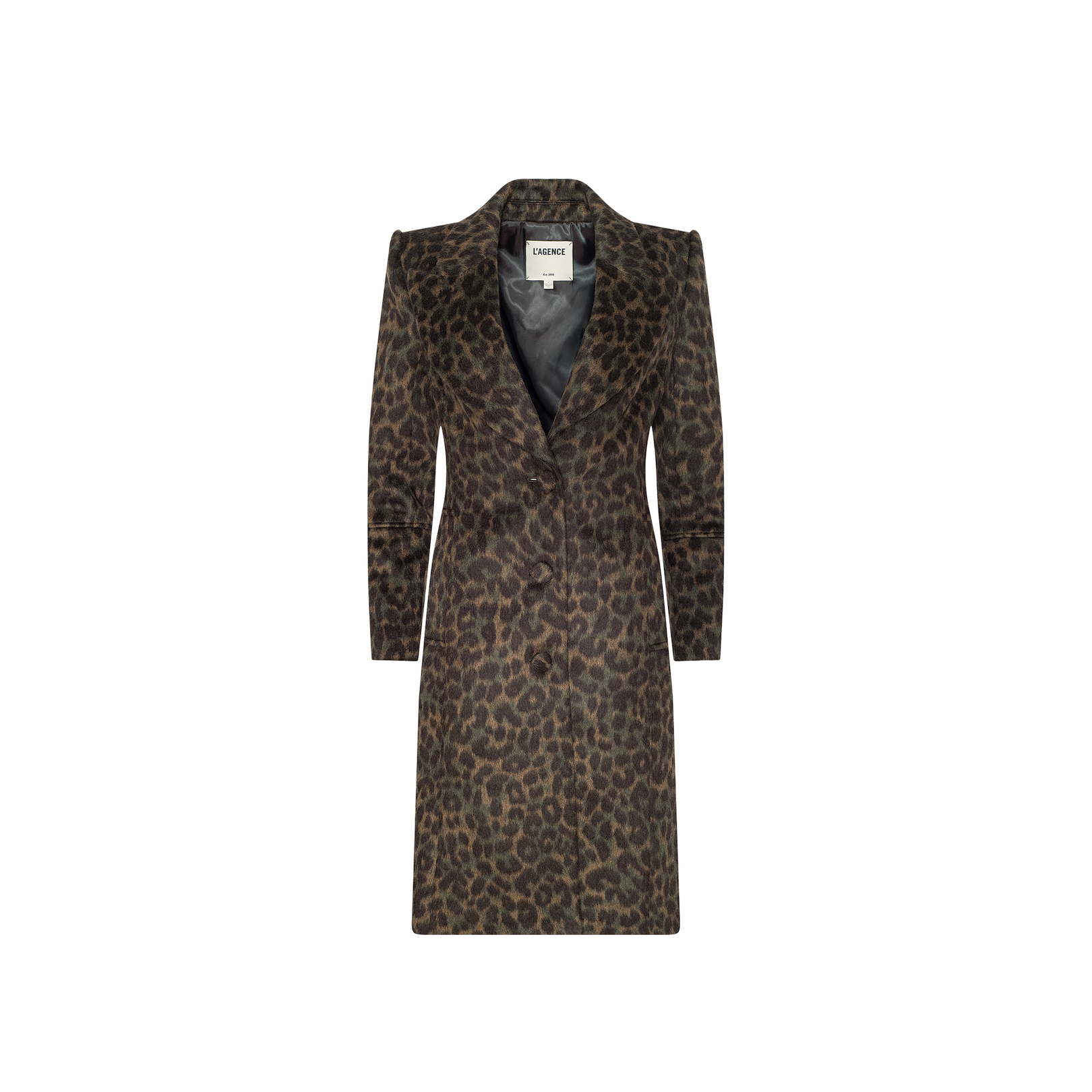 The Laney Coat is a long, collared jacket with a striking brown and black leopard print pattern. Featuring a notched lapel collar and a single button closure, this statement piece is crafted from elegant Italian wool, effortlessly blending style and warmth. Displayed against a plain white background.