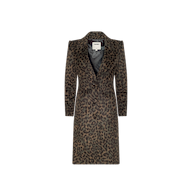 The Laney Coat is a long, collared jacket with a striking brown and black leopard print pattern. Featuring a notched lapel collar and a single button closure, this statement piece is crafted from elegant Italian wool, effortlessly blending style and warmth. Displayed against a plain white background.