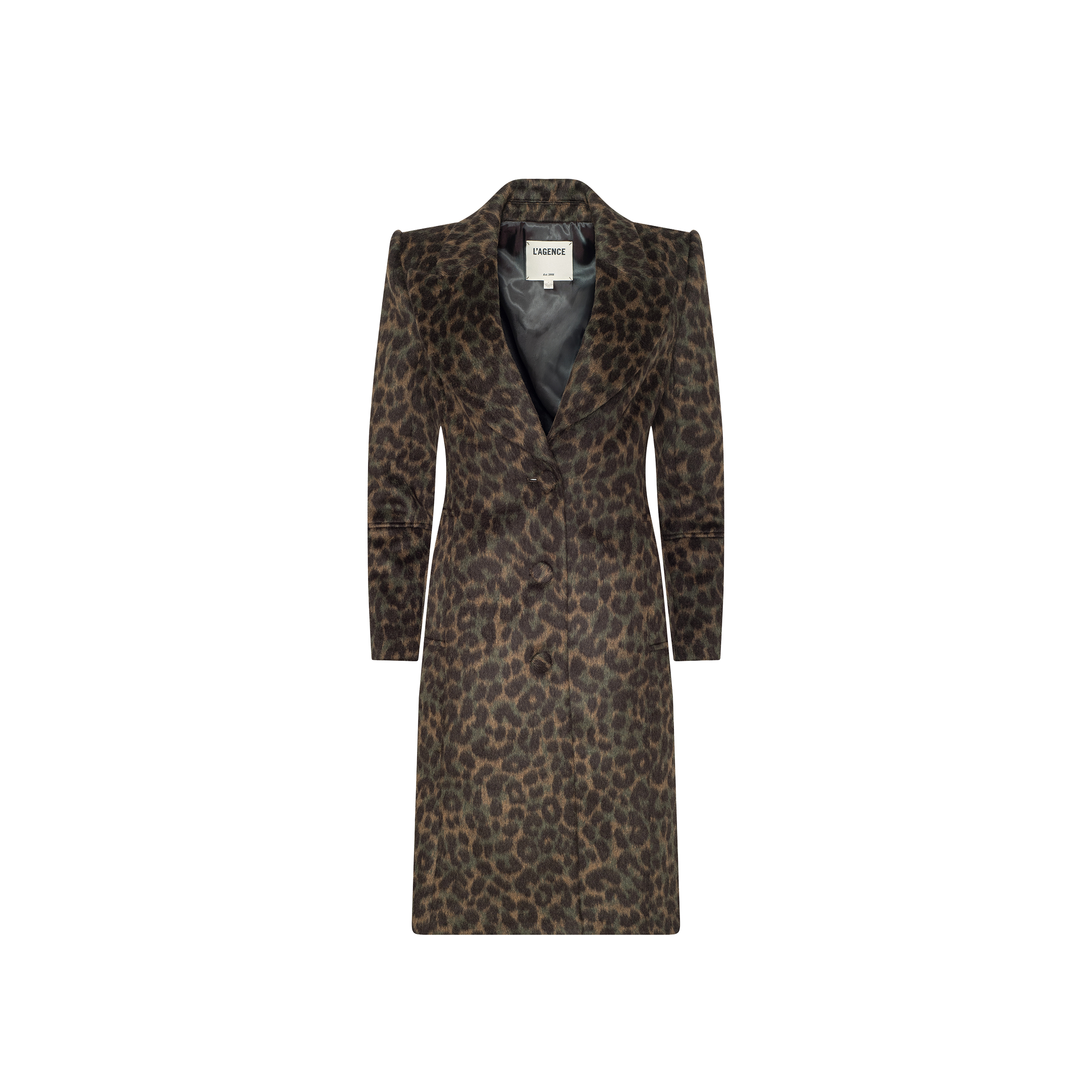 The Laney Coat is a long, collared jacket with a striking brown and black leopard print pattern. Featuring a notched lapel collar and a single button closure, this statement piece is crafted from elegant Italian wool, effortlessly blending style and warmth. Displayed against a plain white background.