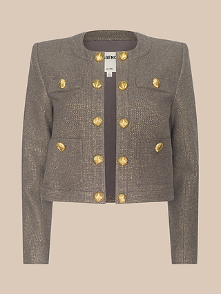 The Kahlia Jacket, crafted from subtle lurex tweed in gray and adorned with gold buttons, features a cropped, collarless silhouette with two front pockets and a round neckline—exuding quiet luxury against a plain beige background.