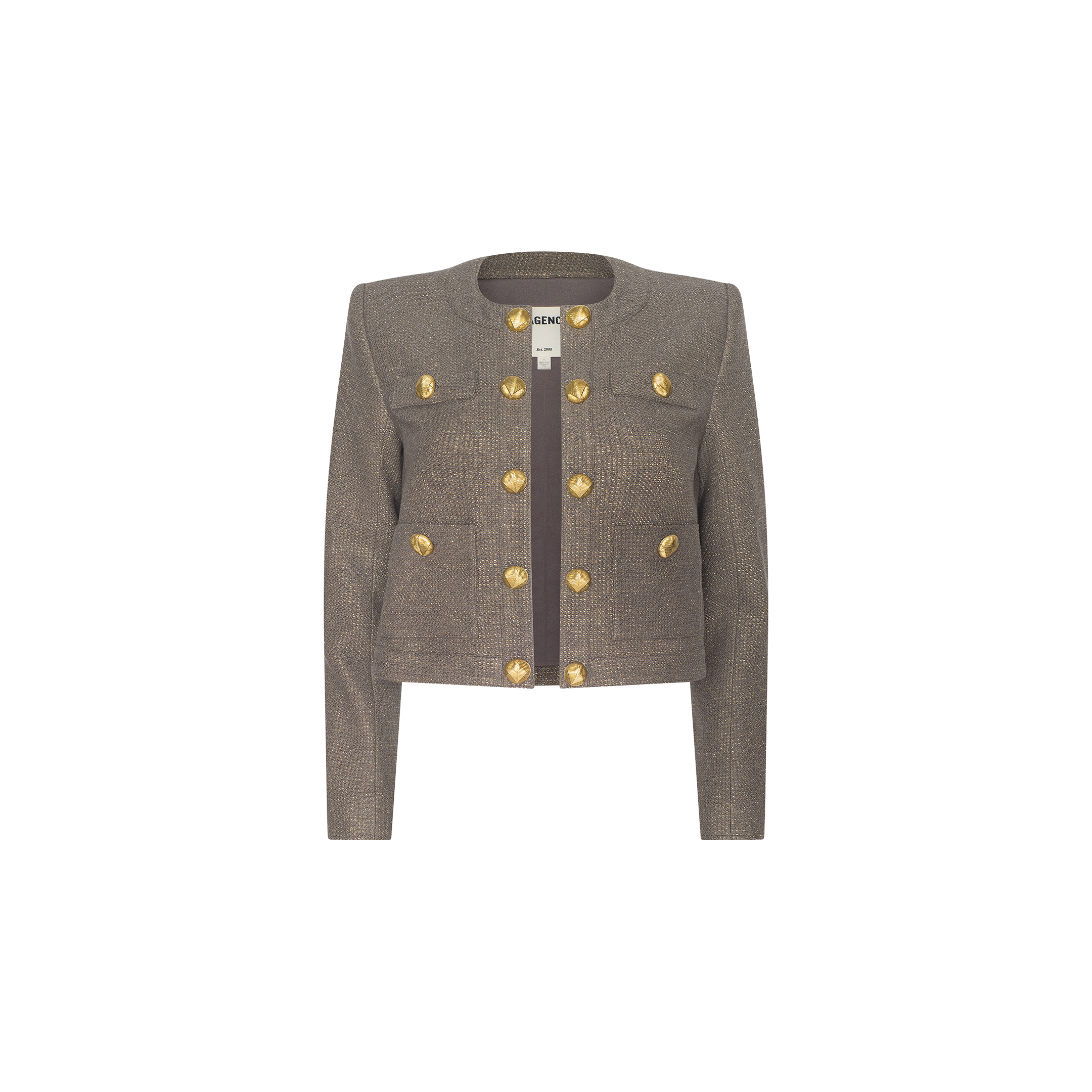 The Kahlia Jacket is a gray cropped piece with long sleeves, featuring gold decorative buttons arranged in two vertical rows on the front. Crafted from lurex tweed, this structured and tailored design evokes quiet luxury and is displayed on a plain white background.