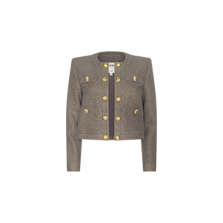 Introducing the Kahlia Jacket—a tailored, long-sleeve collarless piece in brown lurex tweed, designed with a round neckline and adorned with two rows of gold decorative buttons at the front.