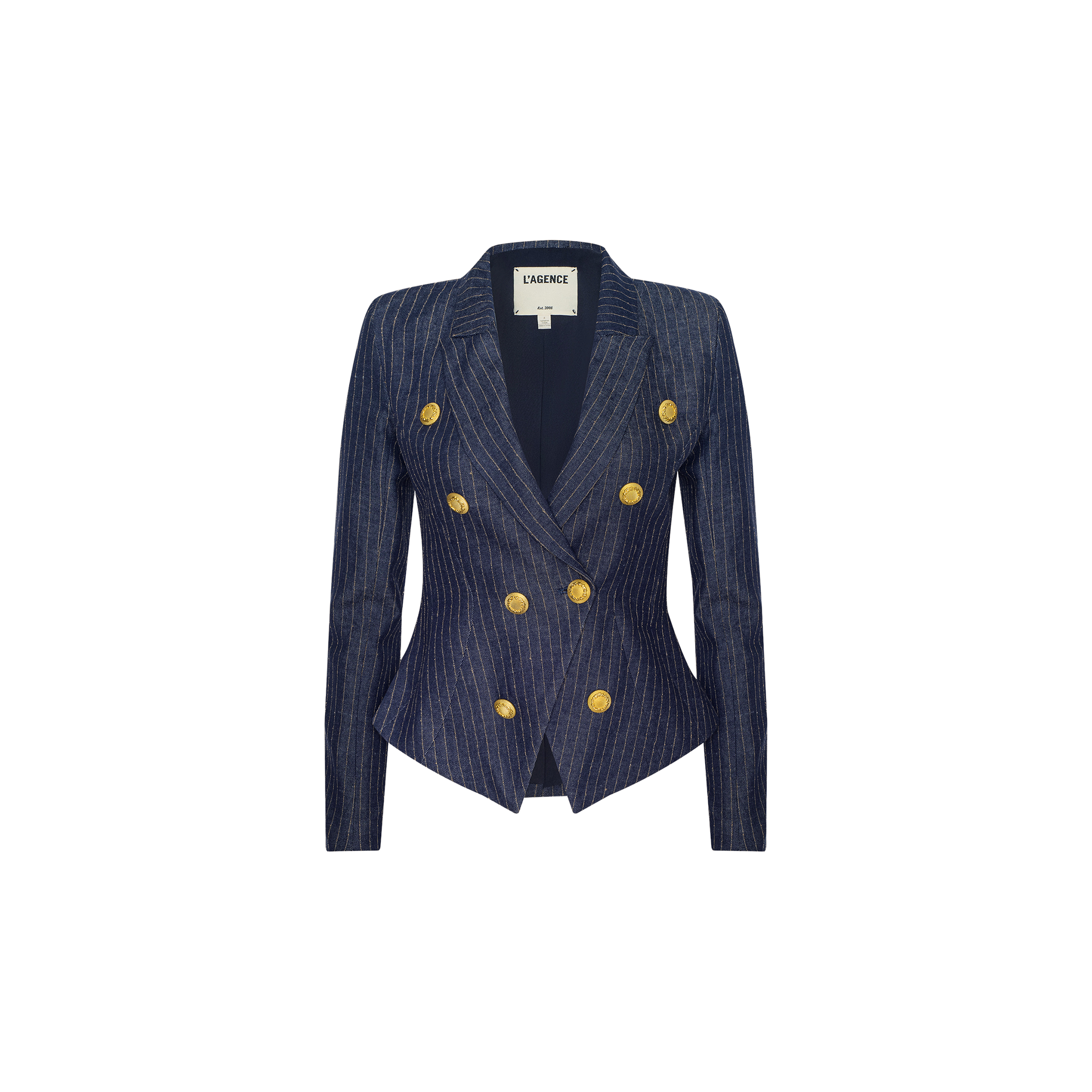 Solar Pinstriped Blazer in navy blue linen, tailored to a slim fit with a double-breasted design, features six gold buttons and peaked lapels, shown against a plain white background.