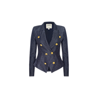 Solar Pinstriped Blazer in navy blue linen, tailored to a slim fit with a double-breasted design, features six gold buttons and peaked lapels, shown against a plain white background.