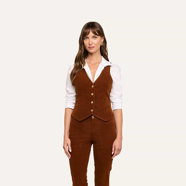 A woman stands against a plain light background, facing forward with a neutral expression, wearing a white collared shirt under the tailored Yelena Vest and matching brown stretch corduroy pants.