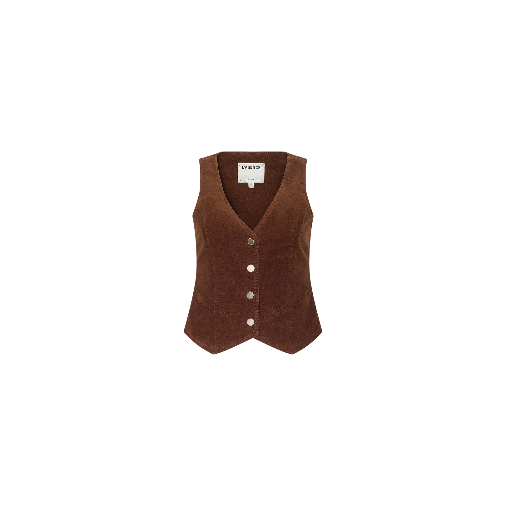 The Yelena Vest is a brown stretch corduroy vest featuring a V-neckline, five silver buttons down the front, and a fitted, tailored silhouette, displayed on a white background.