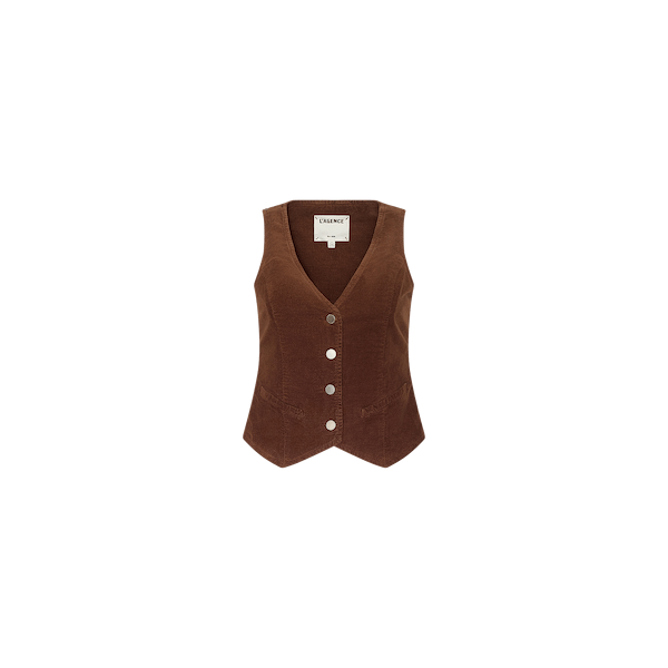 The Yelena Vest is a brown stretch corduroy vest featuring a V-neckline, five silver buttons down the front, and a fitted, tailored silhouette, displayed on a white background.