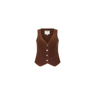 The Yelena Vest is a sleeveless, brown stretch corduroy vest featuring a V-neckline, five silver buttons down the front, and a tailored fit, shown against a plain white background.