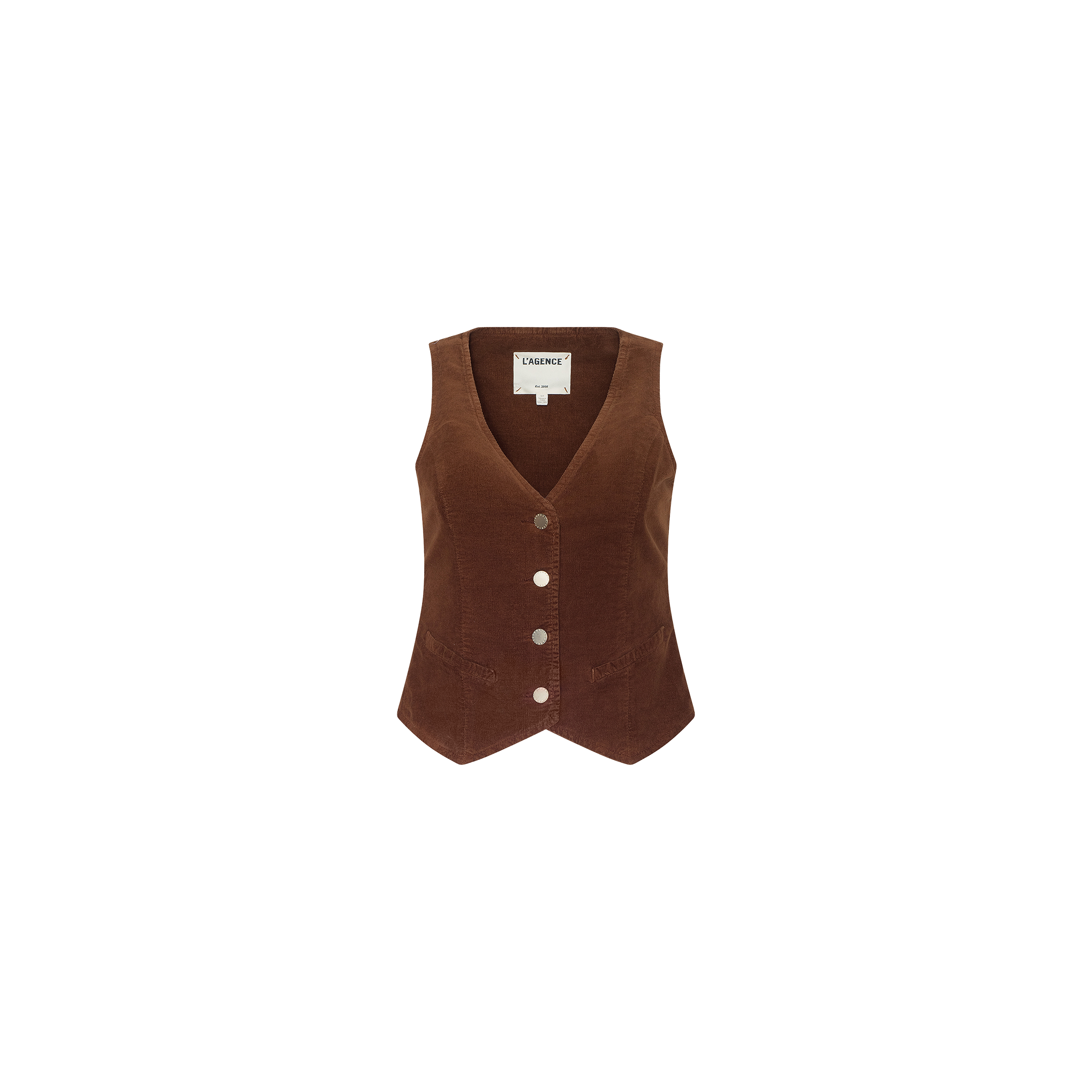 The Yelena Vest is a brown stretch corduroy vest featuring a V-neckline, five silver buttons down the front, and a fitted, tailored silhouette, displayed on a white background.