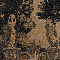 A close-up of the Lian Tapestry Jacket highlights an owl motif on the left and a small statue on the right, set against trees and a scenic background in muted brown and beige tones.