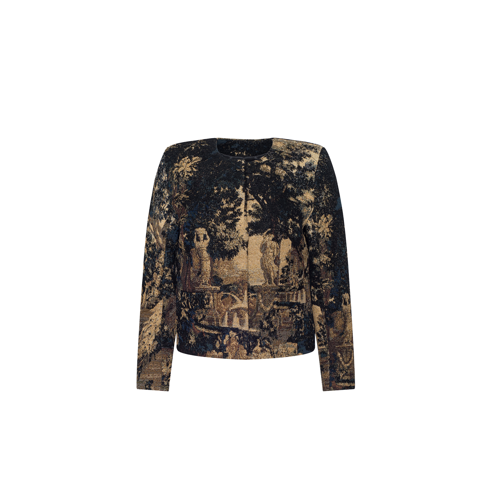 The Lian Tapestry Jacket is a long-sleeved, round-neck design showcasing a Flemish tapestry-style print inspired by scenic outdoor landscapes with trees and classical statues on a dark background, reminiscent of works found in the Rijksmuseum.
