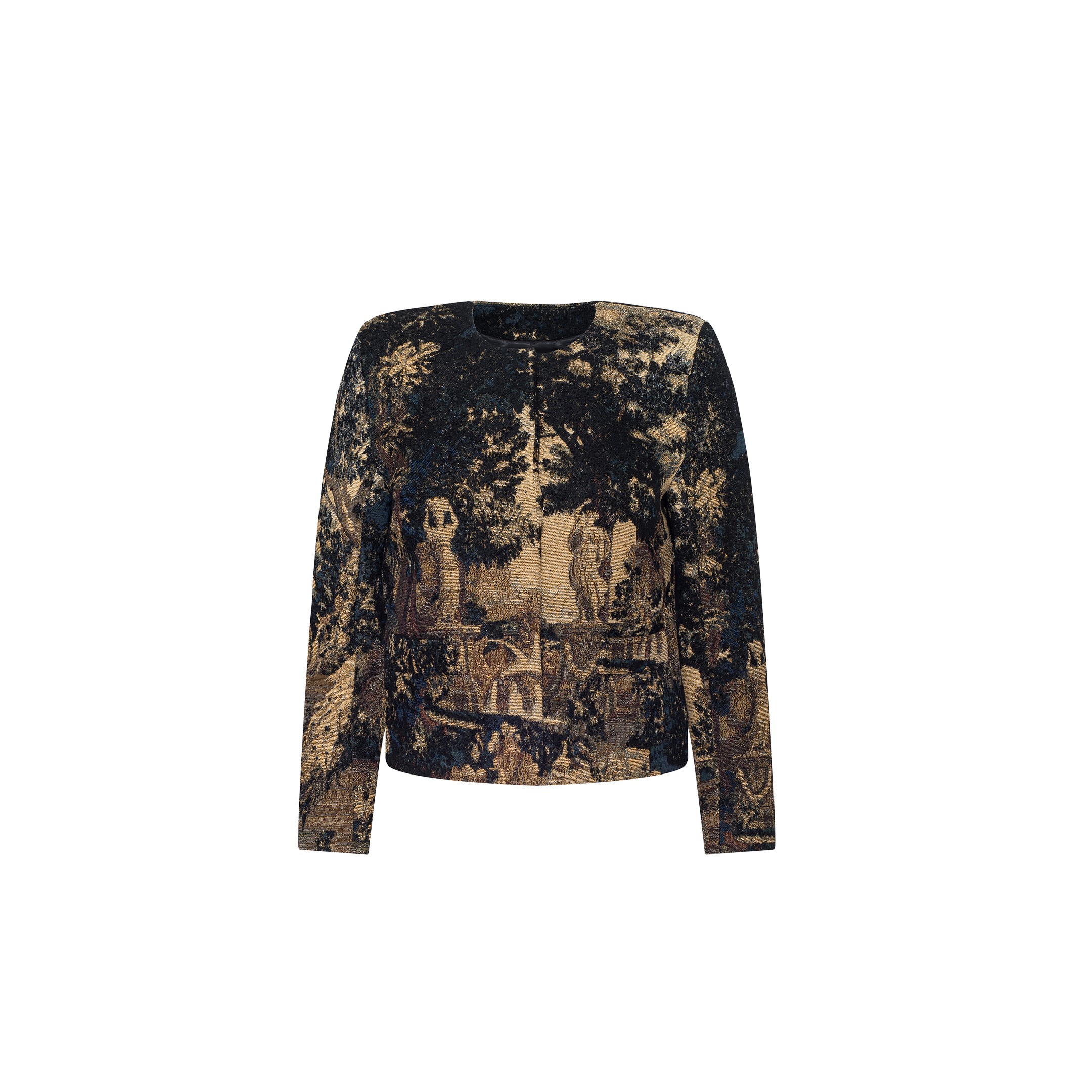 The Lian Tapestry Jacket is a long-sleeved, round-neck design showcasing a Flemish tapestry-style print inspired by scenic outdoor landscapes with trees and classical statues on a dark background, reminiscent of works found in the Rijksmuseum.
