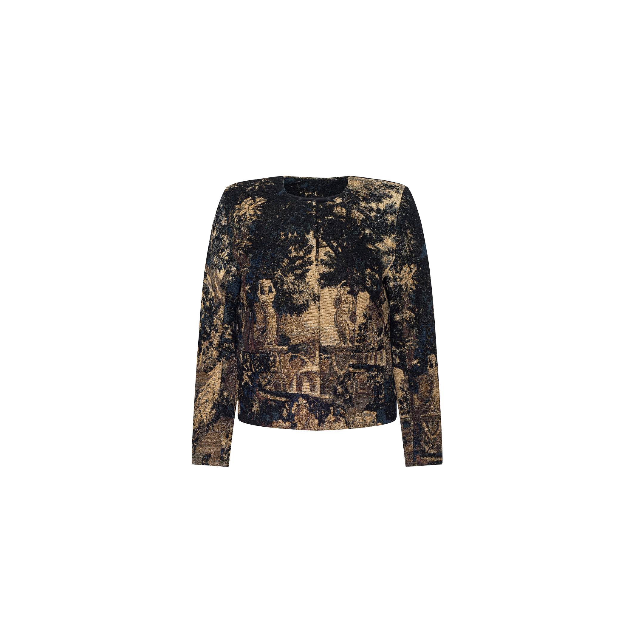 Introducing the Lian Tapestry Jacket: a long-sleeved piece adorned with a detailed, vintage-inspired Flemish tapestry print of classical statues and trees in muted brown and black tones—a true modern heirloom.