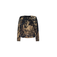 Introducing the Lian Tapestry Jacket: a long-sleeved piece adorned with a detailed, vintage-inspired Flemish tapestry print of classical statues and trees in muted brown and black tones—a true modern heirloom.
