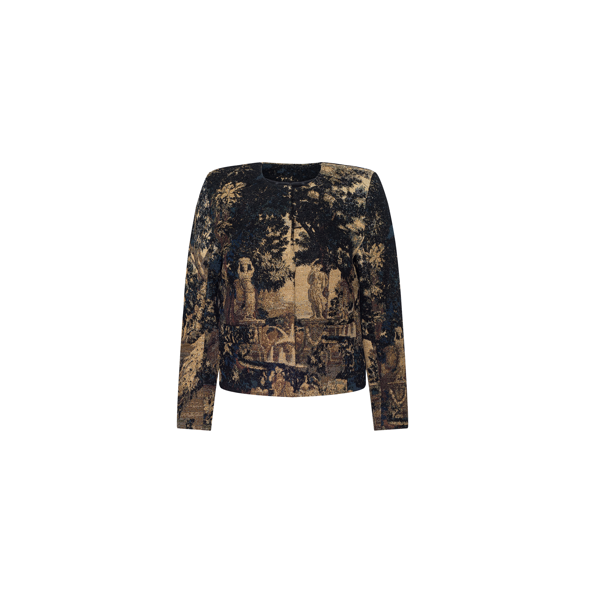 Introducing the Lian Tapestry Jacket: a long-sleeved piece adorned with a detailed, vintage-inspired Flemish tapestry print of classical statues and trees in muted brown and black tones—a true modern heirloom.