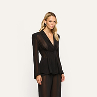 The Rouvier Blazer Top is a black, sheer-sleeved blazer featuring statement shoulders, a single-button closure, and a pleated waist for a look of tailored romance.