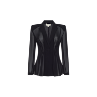 Rouvier Blazer Top in black featuring statement shoulders, long sheer sleeves, a single button closure, and a structured waist for tailored romance.
