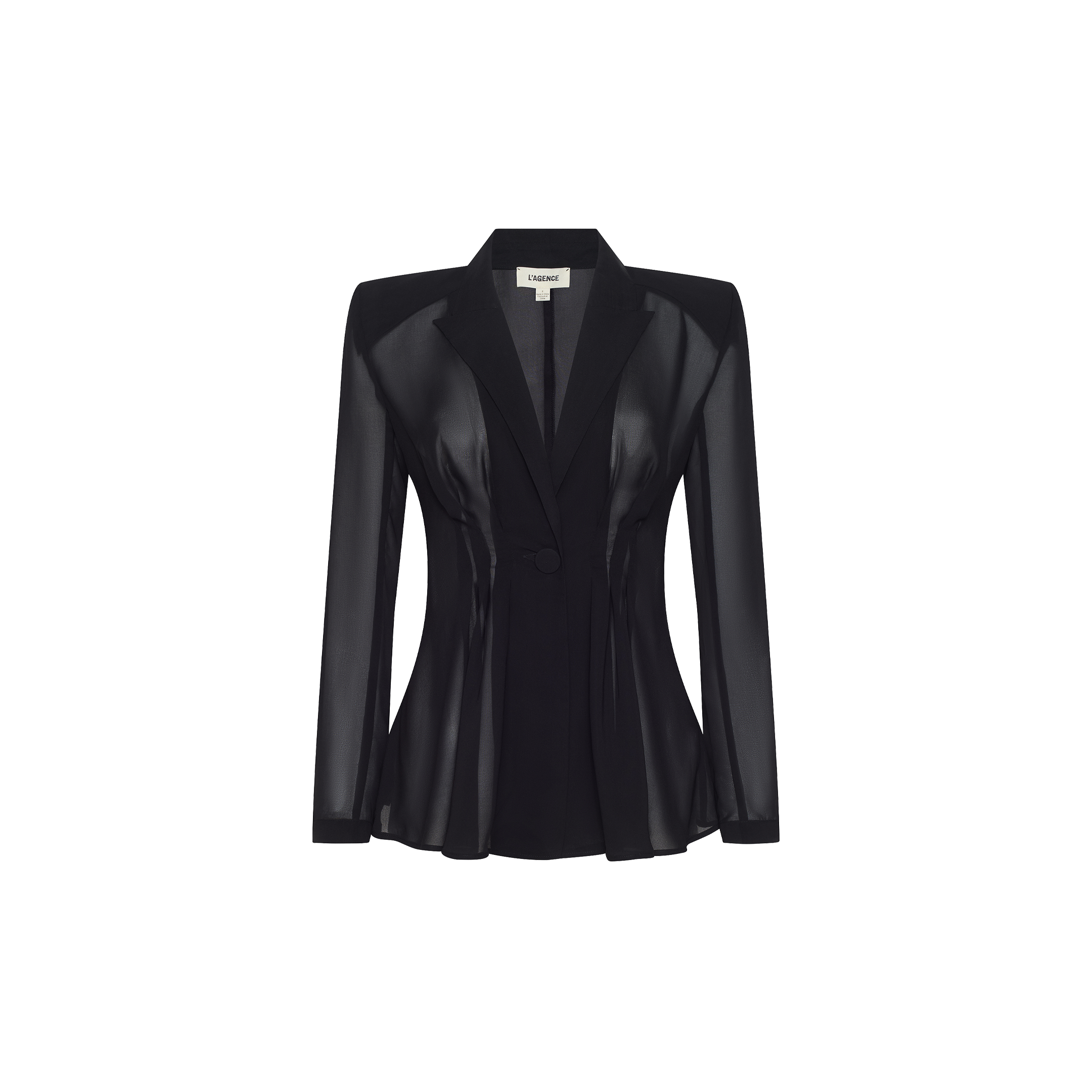 Rouvier Blazer Top in black featuring statement shoulders, long sheer sleeves, a single button closure, and a structured waist for tailored romance.