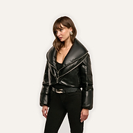 A black cropped Vail Puffer jacket featuring an oversized collar and an asymmetrical zipper.