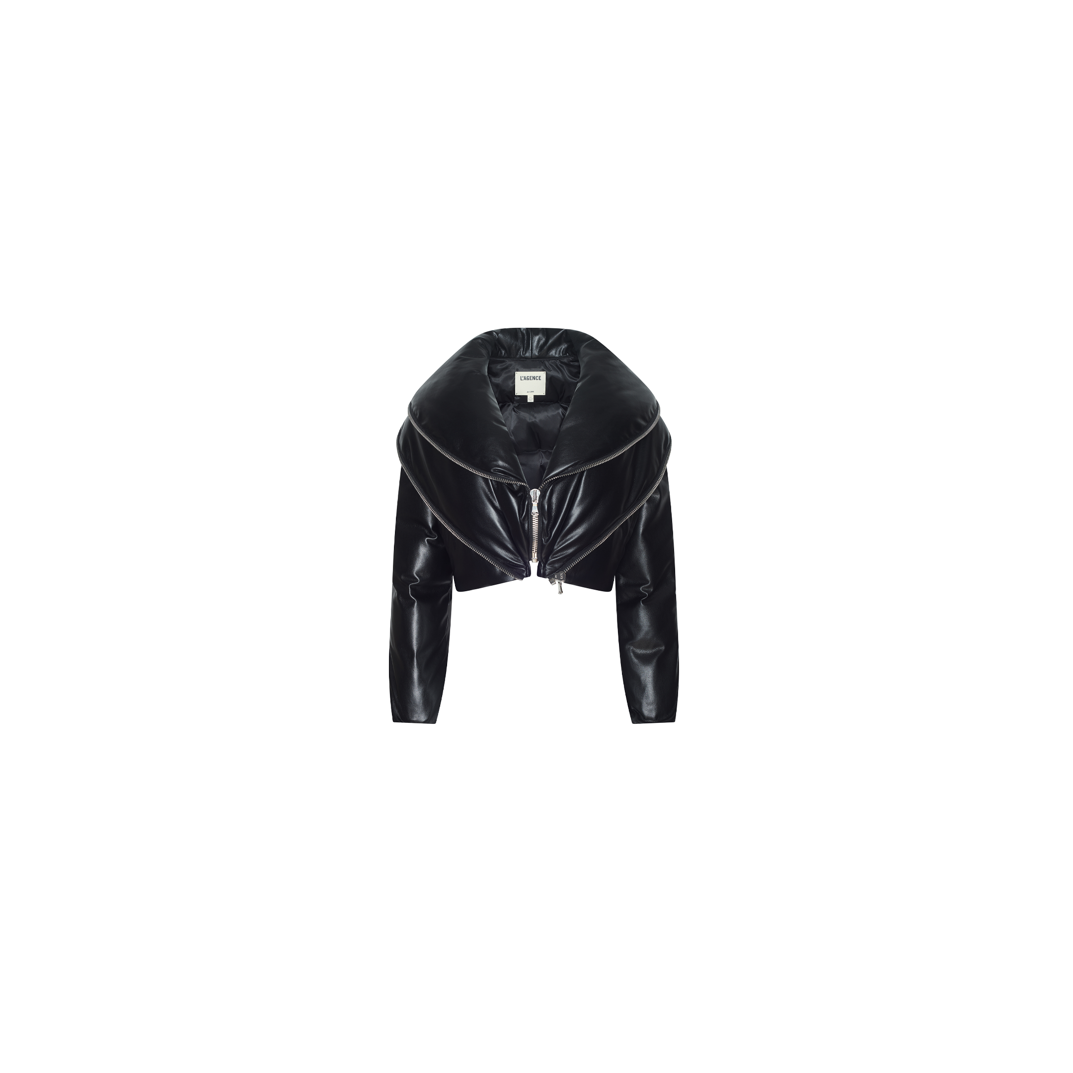 Black cropped Vail Puffer jacket with a wide, oversized collar and a front zipper.