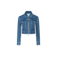 The Micah Oversized Jean Jacket features an indigo wash, cropped silhouette with long sleeves, a front zipper closure, two chest pockets, and a classic collar, displayed on a plain white background.