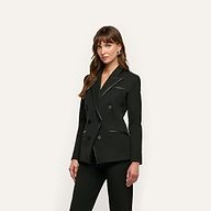 A woman wears a Kyomi Double-Breasted Blazer in stretch suit fabric with a tailored fit and satin lapel trim.