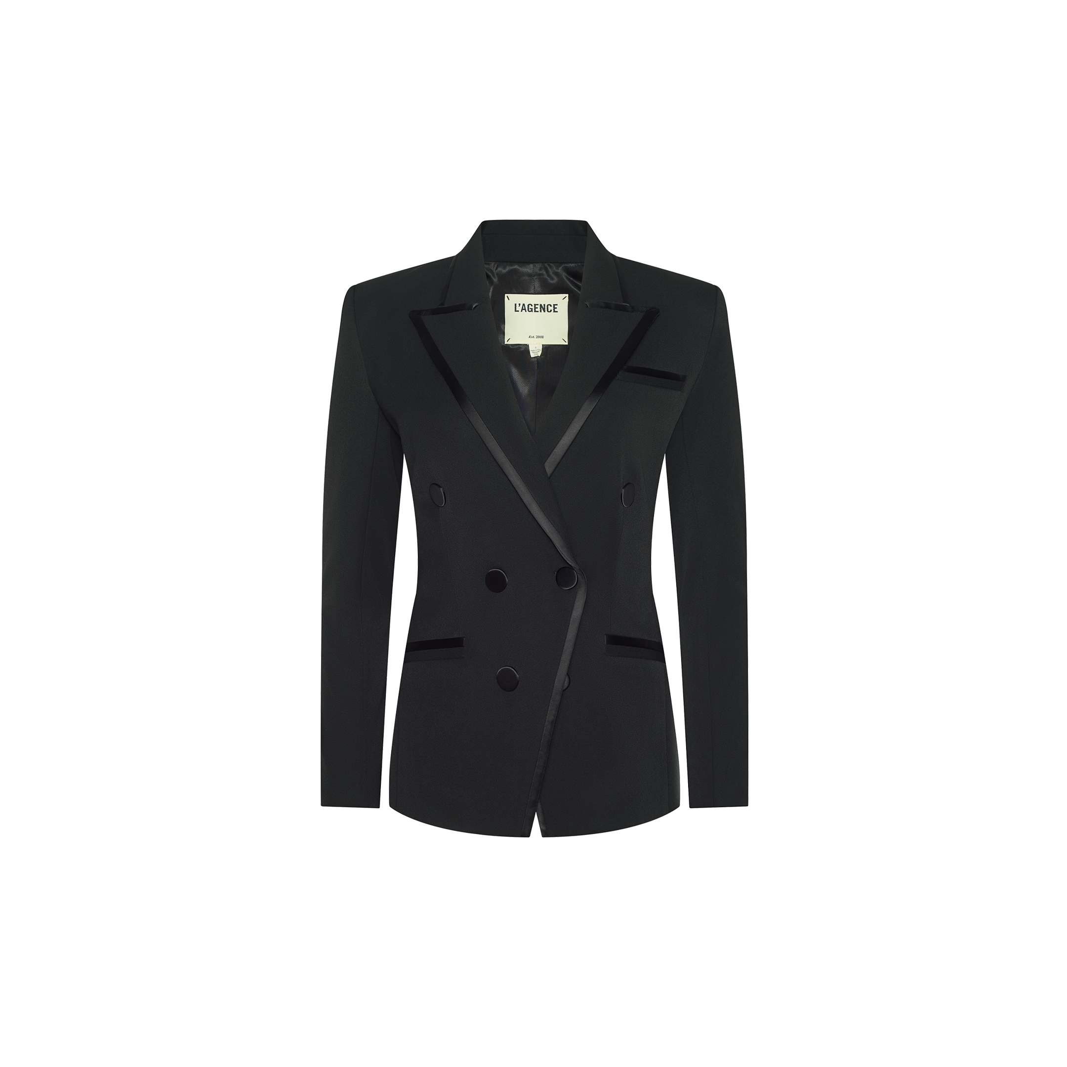 Kyomi Double-Breasted Blazer in black, featuring satin lapels and pocket trim in stretch suit fabric.