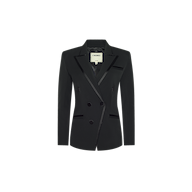 Kyomi Double-Breasted Blazer in black, featuring satin lapels and pocket trim in stretch suit fabric.